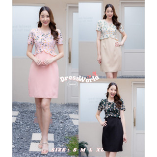 (เช็คของก่อนโอนเงิน) {S-XL} 9342 งานป้าย Dress World เดรสสั้น ช่วงบนลายดอก แต่งระบายเอว เรียบหรู น่ารักสุดเลยจ้า