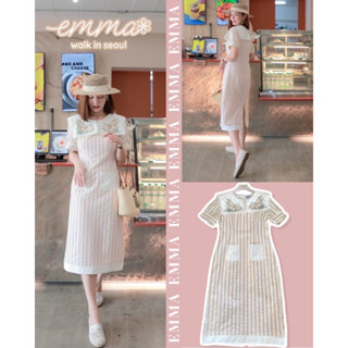 🌈🌿🌼🌺🌸💙🧡🇰🇷Cotton Linen Stripe Frill Embroidery Collar Maxi Dress