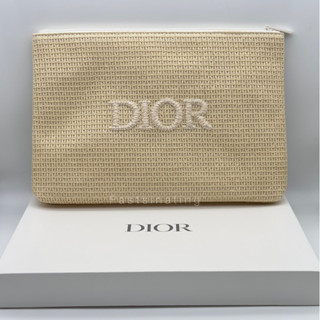 Dior Cosmetic Bag ขนาด 7x10.5x1 นิ้ว ลายสาน สีครีม