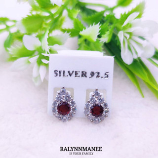 H6452 ต่างหูพลอยโกเมนแท้ ( Garnet ) แบบก้านเสียบ ตัวเรือนเงินแท้ 925 ชุบทองคำขาว