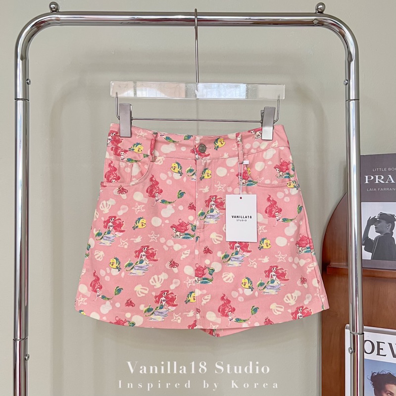 🍦Vanilla18 studio🍦Mermaid mini skirt กระโปรงยีนส์ลายแอเรียล สีชมพู ด้านในเป็นกางเกง S M L XL
