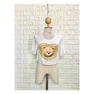 เสื้อครอป แขนสั้น คอกลม ลายหมี ผ้าเรย่อน ทรงน่ารัก