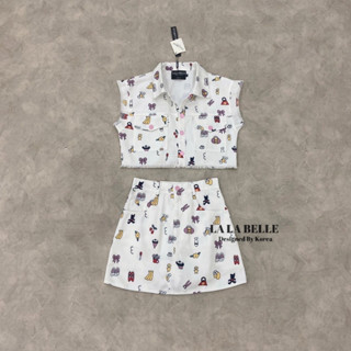 LA LA BELLE:เซต2ชิ้นผ้ายีนส์สีขาวพิมพ์ลาย(*รบกวนเช็คสต๊อกก่อนกดสั่งซื้อ)