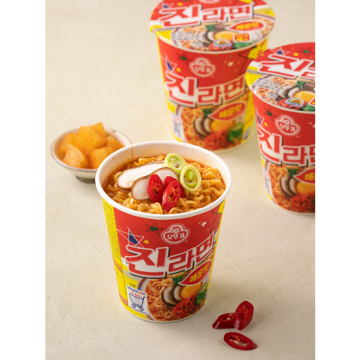 มาม่าเกาหลี  จิน ราเมน โอโตกิ (รสเผ็ด) ถ้วยเล็ก Jin Ramen (spicy, courage)-Ottogi진라면매운맛소컵-오뚜기 65g ของแท้พร้อมส่ง