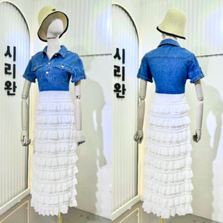 ราคาถูกที่สุด!! SIRI Korea style dress เสื้อเป็นเนื้อยีนส์ ตัดต่อ ชั้นระบาย