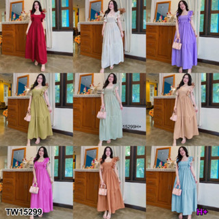 J15229 Maxi Dresss แม็กซี่เดรส ไหล่ระบาย ผูกโบว์หลัง Maxi dress, ruffled shoulders, bow back