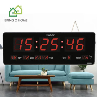 Bring2Home นาฬิกา นาฬิกา LED แขวนผนัง ขนาด 36X13X3CM รุ่น 3513C นาฬิกาดิจิตอล ไฟสีแดง – ตัวเรือนสีดำ ขอบสีเงิน