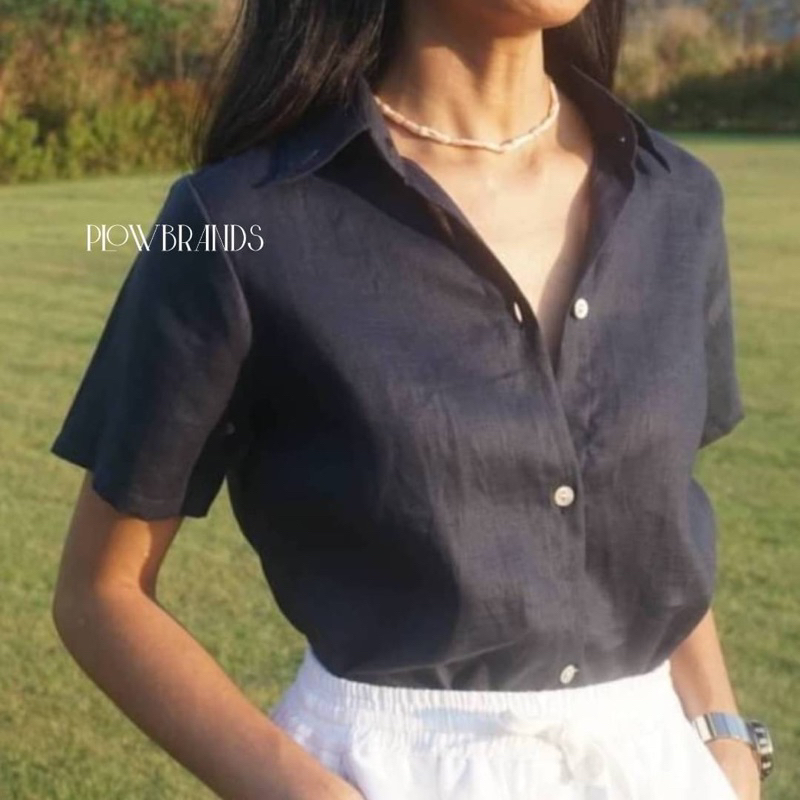 [เฉพาะเสื้อ] PLOWBRANDS TS0007 Basic shirt  เสื้อเชิ้ตผ้าลินิน เชิ้ตแขนสั้นผู้หญิงแบบเรียบง่ายมี3sizes เนื้อผ้าเย็นสบาย