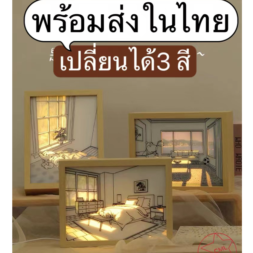 พร้อมส่ง ตกแต่งบ้าน, ตกแต่งผนัง, ภาพวาดตกแต่ง, ฉายภาพ 3 มิติพร้อมไฟ LED, ไฟ LED กรอบรูปโรแมนติก, ภาพวาดแสง