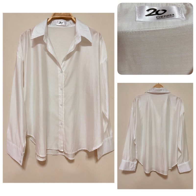 ส่งต่อ เสื้อเชิ้ตผ้าไหมผสม 20denim สีขาว (shop 450฿)