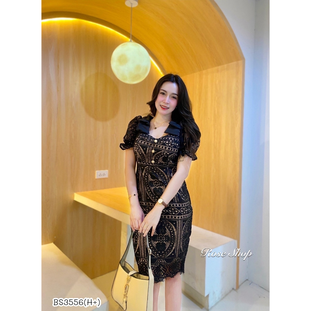 BS3556  เดรสออกงาน ผ้าลูกไม้โครเชต์ ใส่ซับทั้งตัว ทรงแขนพอง