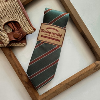 เนคไทสีเขียวลายทางส้ม Necktie Vintage Pine Green with Rusty Orange stripe | 8cm