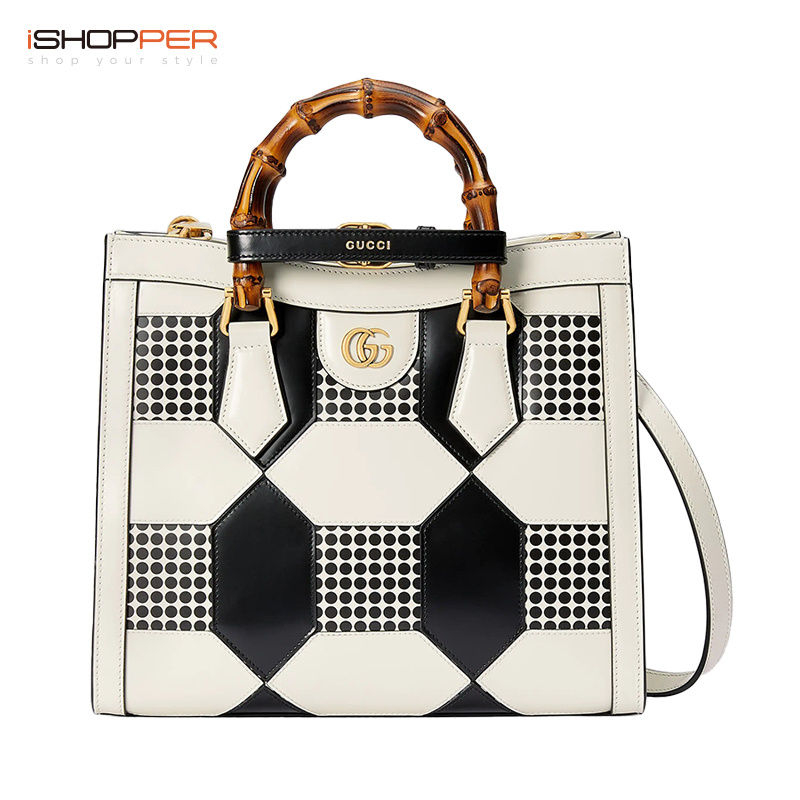 GUCCI กระเป๋าผู้หญิง Gucci กระเป๋าไม้ไผ่ใหม่สุภาพสตรี Diana Series กระเป๋าสะพายคู่ G สีดำและสีขาวแสงและเงา crossbody กระ