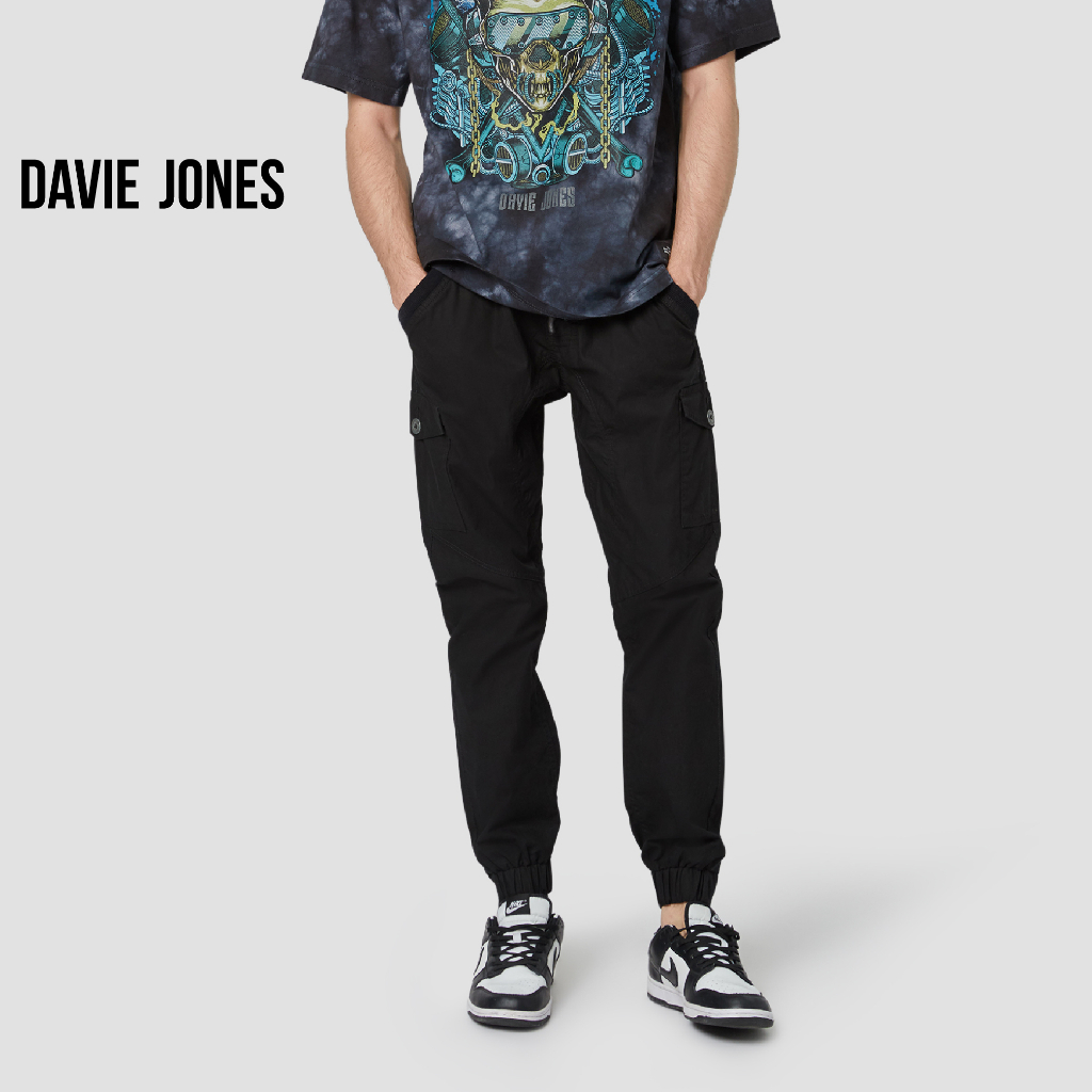 DAVIE JONES กางเกงจ็อกเกอร์ เอวยางยืด Elastic Waist Joggers GP0065 สีดำ