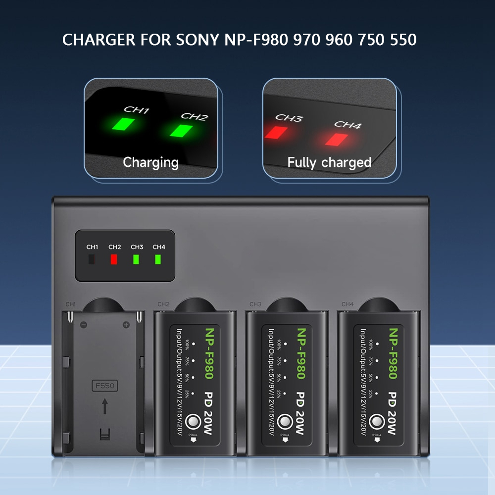 แท่นชาร์จเร็ว LCD 4 ช่อง ใช้ได้กับ Sony NP-F980 NP-F970 NP-F960 NP-F550 NP-F570 NP-F750 NP-FM50