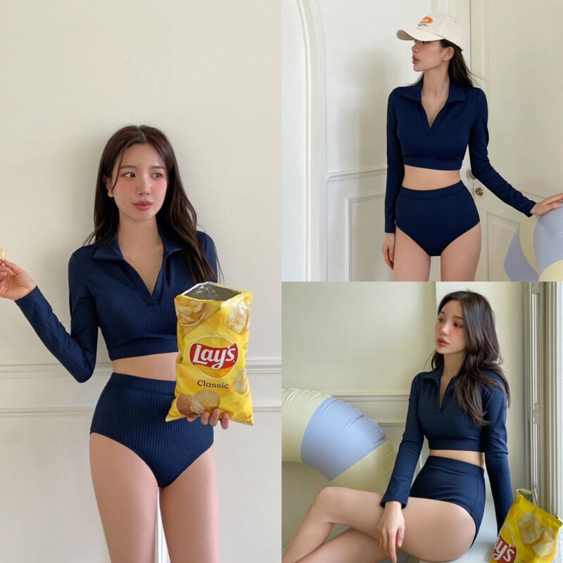 (พร้อมส่งที่ไทย) Navy blue set ทูพีชแขนยาวคอปกผ้าร่องนิ่ม