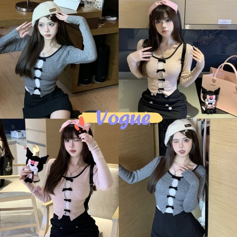 Vogue พร้อมส่ง เสื้อไหมพรมแขนยาว คอกลม เว้าด้านหน้า ดีเทลติดโบว์ (18002) -C