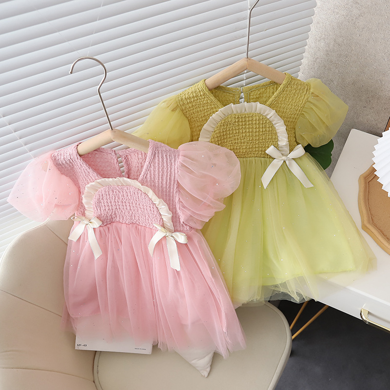 Babyonline(Y450)J2-3 [ลดล้างสต็อก หมดแล้วหมดเลย] ชุดเดรสไตล์เจ้าหญิงแขนพองกระโปรงฟรุ้งฟริ้งแต่งโบว์สุดน่ารัก