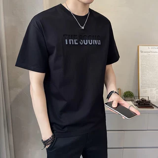 เสื้อยืดคอกลมแขนสั้น เสื้อยืดผู้ชาย ลายอังกฤษสไตล์นูน ลายเท่ๆผ้าดีใส่สบาย