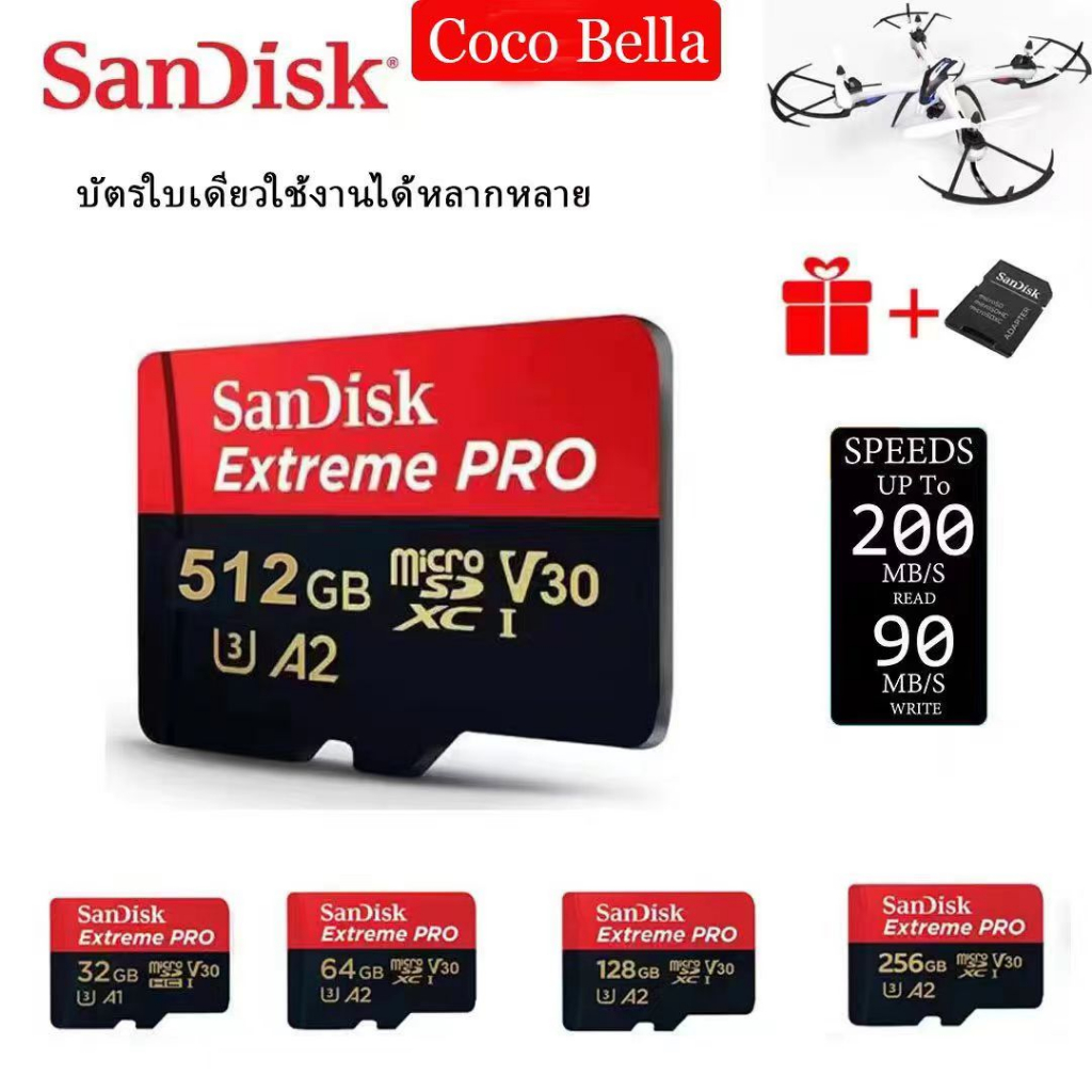 เมมโมรี่การ์ด SanDisk Extreme Pro Micro SDXC Card 32GB/64GB/128GB/256GB/512GB U3 A2ความเร็วสูงสุด อ่าน 200MB/s