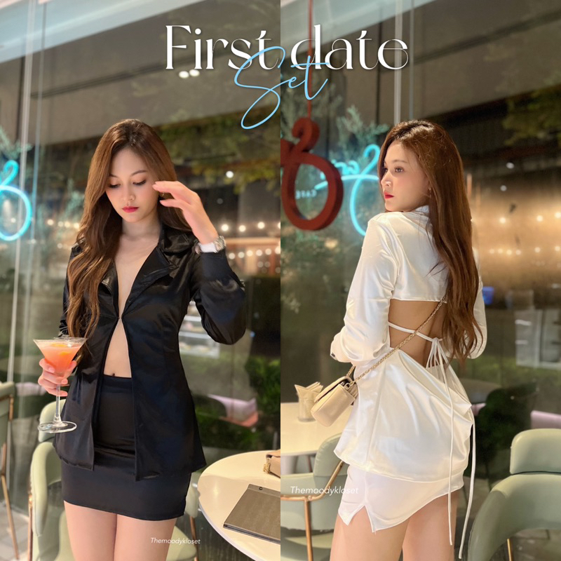 First date set ชุดเซทผ้าเงาแบบเปิดหลัง ผ้าซาตินยืดเงาหนาอย่างดียืดได้ ใส่แล้วพลางหุ่น