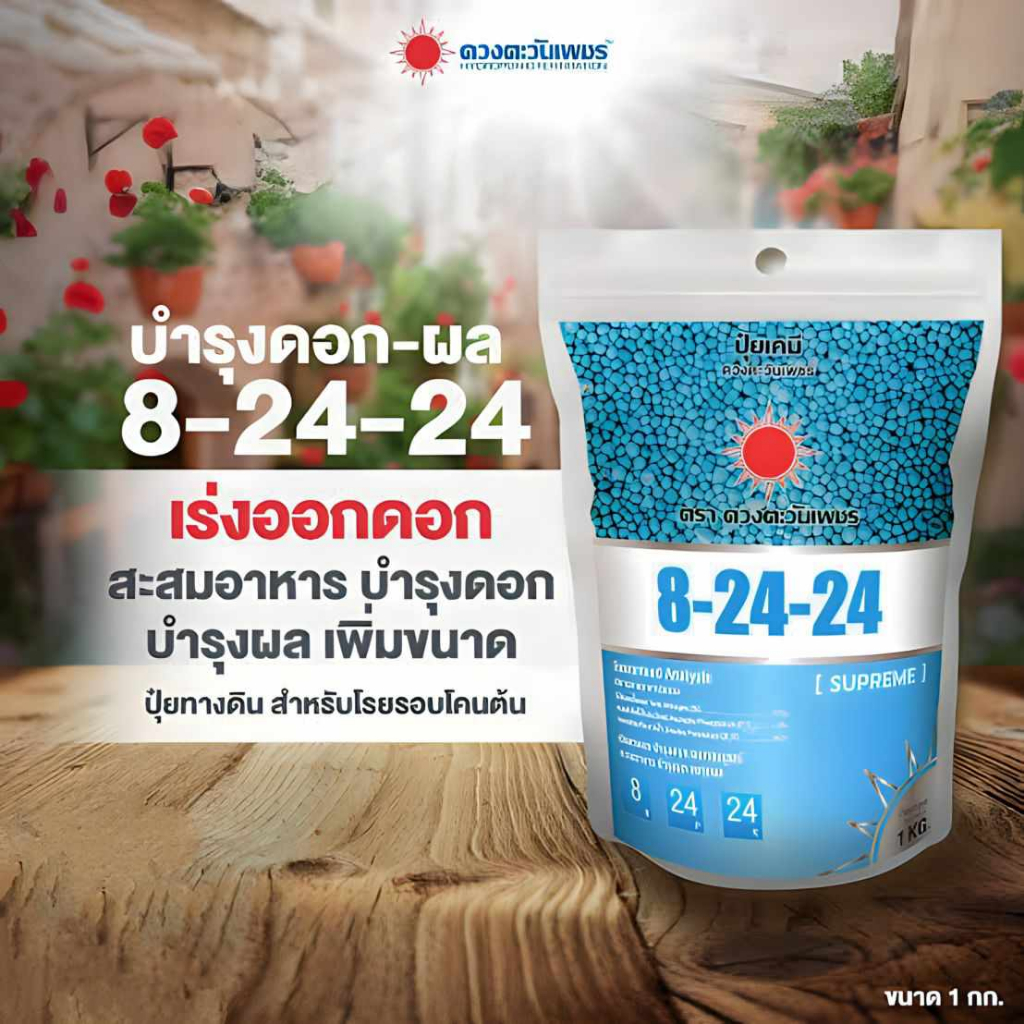 ปุ๋ยสูตร 8-24-24 ดวงตะวันเพชร (1 กก.) สูตรบำรุงดอก เร่งดอก บำรุงผล เพิ่มดอก เพิ่มขนาดผล ช่วยบำรุงในก