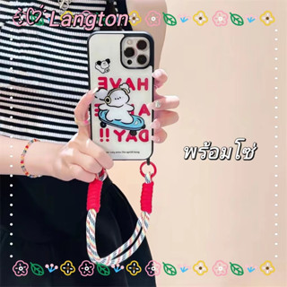 🌈Langton🌸รุ่นโซ่ ขอบดำ การ์ตูน ลูกสุนัข สีขาว น่ารัก iphone 11 14 pro max ป้องกันการหล่น ขอบเต็ม case for iPhone 12 13