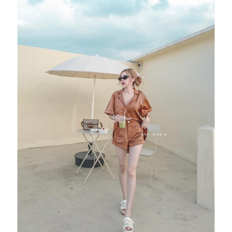 เซ็ท เสื้อ กางเกง ผ้าซาติน สีน้ำตาล แบรนด์ Posy Style