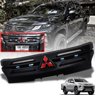 กระจังหน้า หน้ากระจัง โลโก้แดง มีไฟ LED ไฟสีขาว รุ่น มิตซูบิชิ ไทรทัน MITSUBISHI TRITON ปี 2019 - 2020 สีดำด้าน 1 ชิ้น