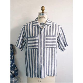 [JBB*] INDIGO AWNING STRIPE LINEN MODERN HAVANA SHIRT เจบีบี ฮาวานาเชิ้ต เชิ้ตผู้ชาย เชิ้ตแขนสั้น เสื้อลำลองผู้ชาย