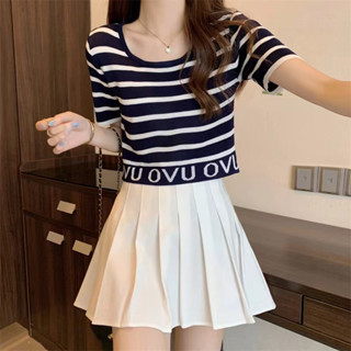 เสื้อไหมพรมผู้หญิง เสื้อเอวลอย ลายทาง รุ่น91008