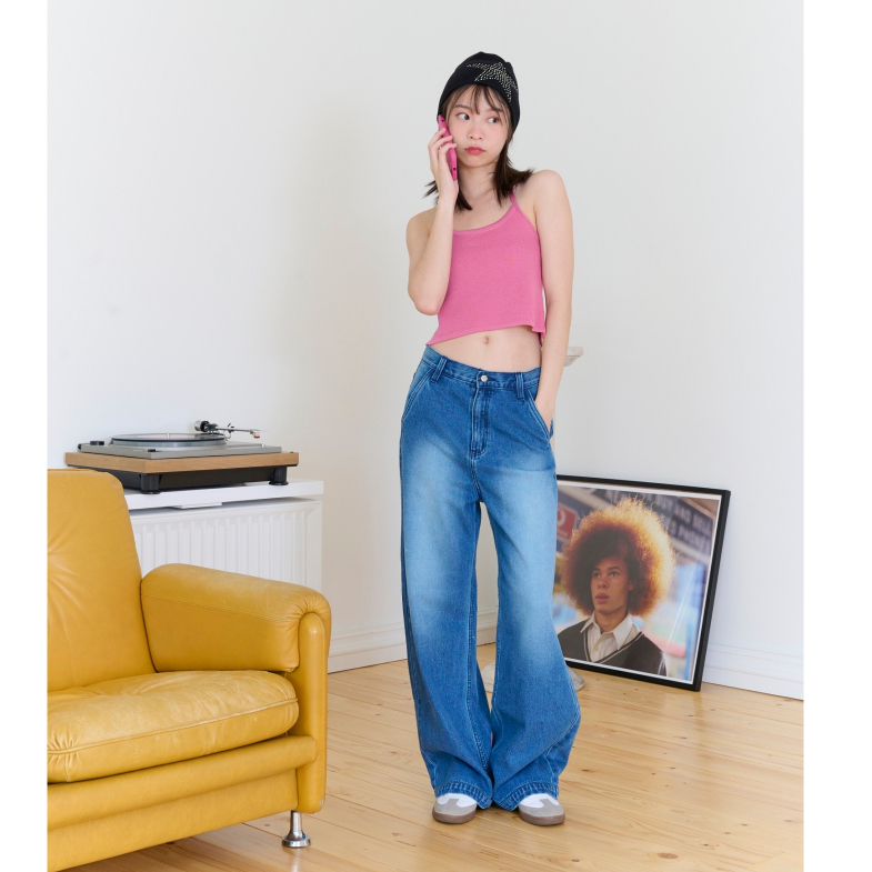 กางเกงยีนส์ขากระบอก Basic jeans - middle blue