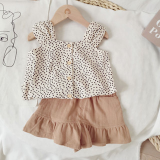 Babyonline(Y175)L3ชุดเช็ต2ชิ้นเสื้อแขนกุดกางเกงเอวสม็อคขาสั้น ผ้าฝ้าย100%