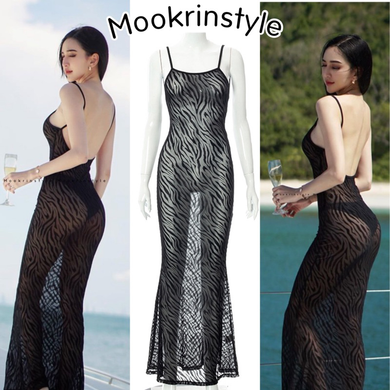 Mookrinstyle เดรสยาวลายม้าลาย ใส่คลุมบิกินี่ เซ็กซี่ ดีเทลสายเดี่ยวเว้าหลัง เดรสไปทะเล zeebra summer style