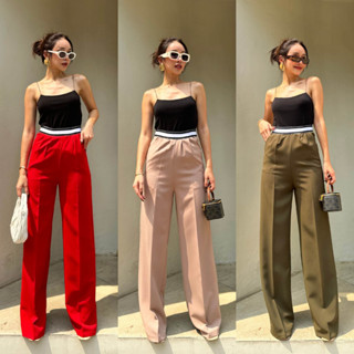 Cecelia high-waist pants กางเกงขายาวทรงกระบอกใหญ่ขอบขาว ป้ายpromthong