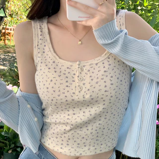 Cicishop(J342)เสื่อกล้ามลายดอกไม้ ดีเทลกระดุมหน้า แฟชั่นฤดูร้อน