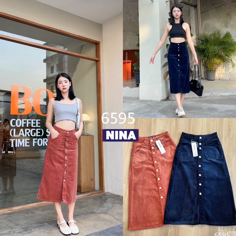 NN-ST #6595 กระโปรงงานลูกฟูก งานผ้ายืด งานอย่างดี ทรงสวยเอวสูง แต่งกระดุมหน้า ผ้ายืดหยุ่นกระชับเว่อร์
