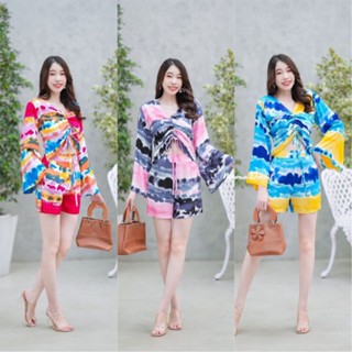 เสื้อมัดย้อมแขนกระดิ่งรูดย่นด้านหน้า + กางเกงขาสั้น