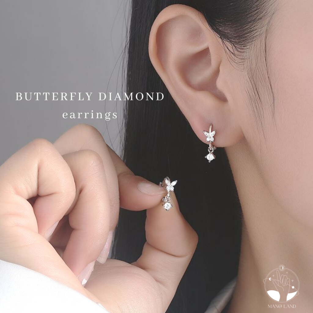 MNL💗BUTTERFLY DIAMOND ต่างหูแบบห่วงผีเสื้อประดับเพชร เครื่องประดับแฟชั่น เงินแท้925 ไม่ลอกดำ สไตล์มินิมอล น่ารัก ของขวัญ