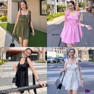 J18570 เดรสสั้นรูดอก สายผูกไหล่โบว์ยาว Short dress, chest drawstring, long bow shoulder straps