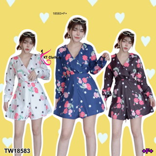 TwinsShopVip💗พร้อมส่ง TW18583 จั้มสูทขาสั้น แขนยาว ลายจุดดอกไม้ ผูกโบว์