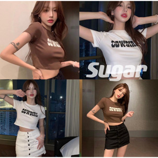 Sugar🌈พร้อมส่ง🌈เสื้อครอป คอกลมแขนสั้น ผ้าโพลีเอสเตอร์ ผ้านิ่มใส่สบาย(6772)