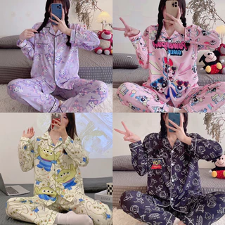 🎀พร้อมส่ง ชุดนอนไหมอิตาลีพรีเมียร์ แขนยาวขายาว ลายการ์ตูน ผ้านิ่มมาก กระดุมหน้าคอปก