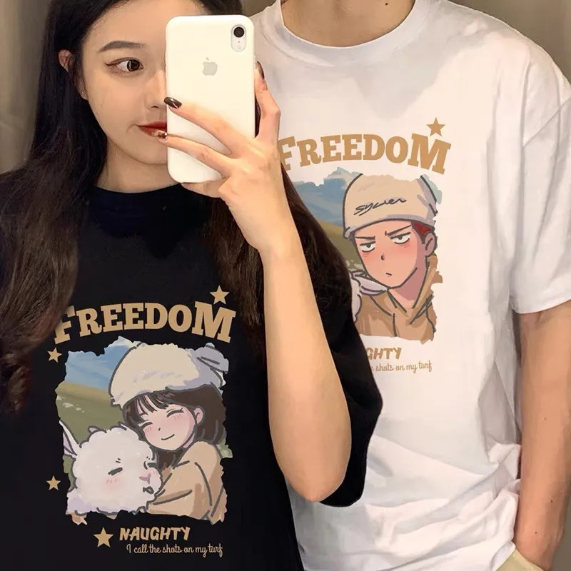 เสื้อคู่รักชายหญิงวินเทจ แขนสั้น oversize เสื้อผ้าแฟชั่นสไตล์เกาหลี ทรงหลวม เสื้อยืดโอเวอร์ไซส์ผู้หญิง สกรีนลายการ์ตูน