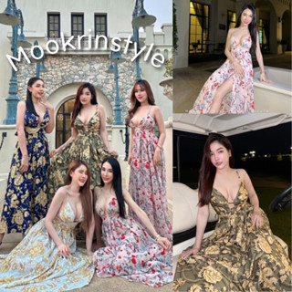 🌷Mookrinstyle🌷เดรสยาวสายเดี่ยวผูกโบว์หลัง ผ้าพิมพ์ลายสวยงาม ชุดเดรสผู้หญิงไปทะเล ใส่ไปเที่ยว maxidress