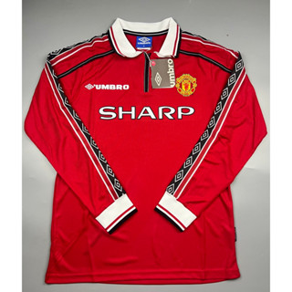 เสื้อบอล ย้อนยุค แขนยาว แมนยู 1998 เหย้า คอซิป Retro Long sleeve Manchester United Home  เรโทร คลาสสิค 1998-99