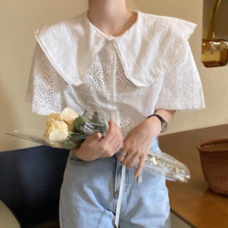 [𝗣𝗥𝗘-𝗢𝗥𝗗𝗘𝗥]🥯Eyelet top เสื้อแขนสั้นลายฉลุแต่งคอปก