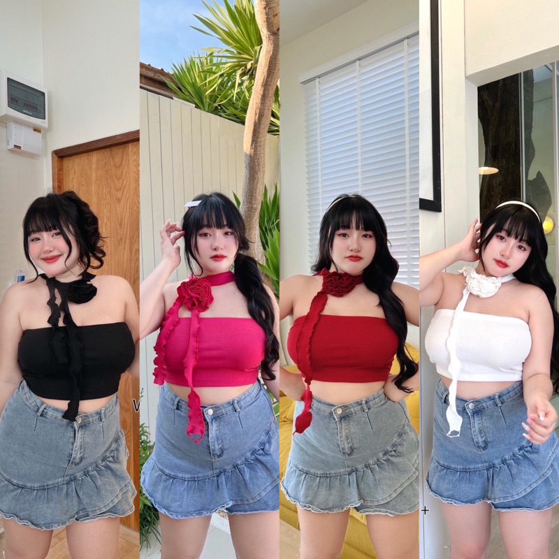 𝐂𝐡𝐮𝐛𝐛.(อก34-52) เสื้อเกาะอกสาวอวบ +ผ้าพันคอลายกุหลาบ สวยเก๋ไม่ซ้ำใคร เซ็กซี่สุดๆ #T019