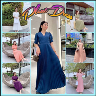 ☘️Pleat Dress☘️เดรสกระโปรงยาวอัดพลีท เดรสคอวี เดรสผูกหลัง เดรสงานแต่ง เดรสทำงาน