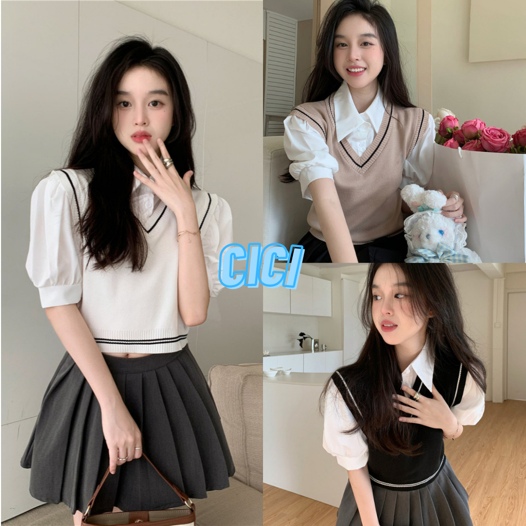 ส่งทันที Cici(NO. 03015)เสื้อไหมพรมดีเทลด้านใน 2 ชั้น มีกั๊กและเชิ๊ตใส่แล้วเกาหลีมาก